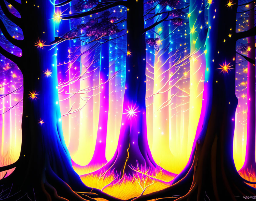 Enchanting Neon-Lit Fantasy Forest with Sparkling Trees