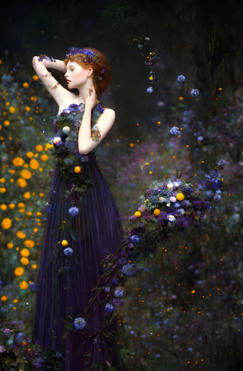 Woman in Purple Floral Dress Poses in Mystical Forest Setting