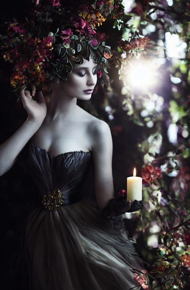 Woman in elegant gown with floral headdress in mystical setting.