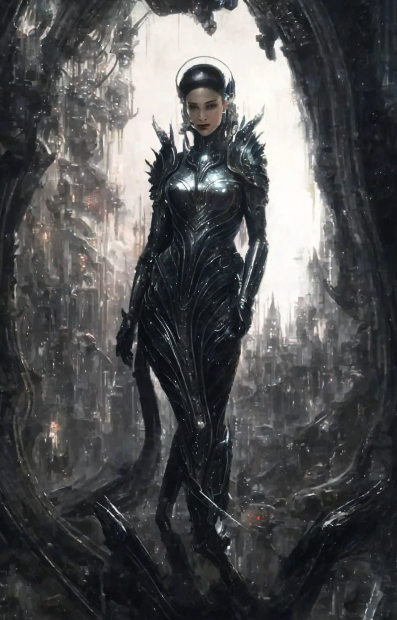 Female Warrior in Black Armor Confronts Dystopian Cityscape