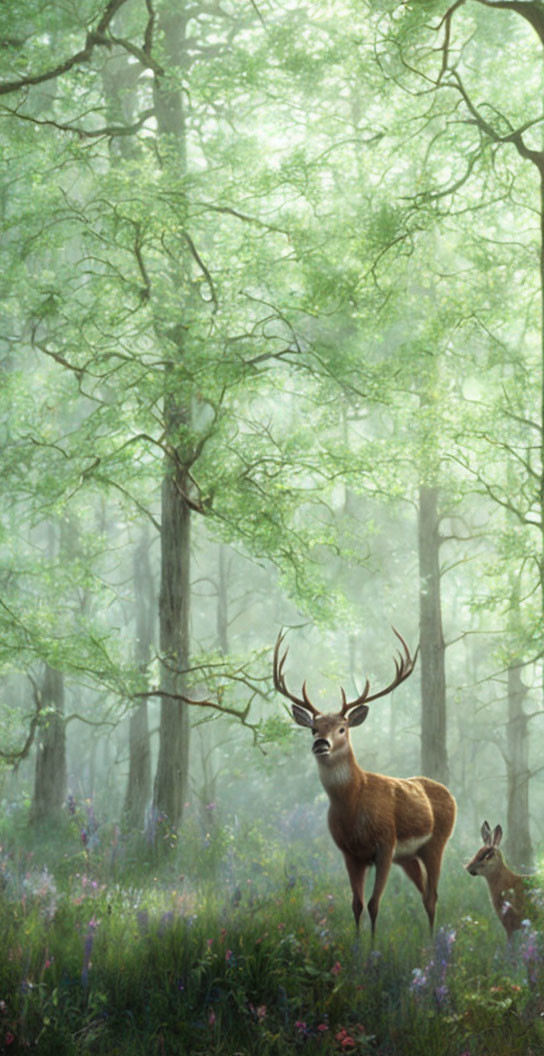 Majestic stag and doe in misty forest with sunlight and purple flowers