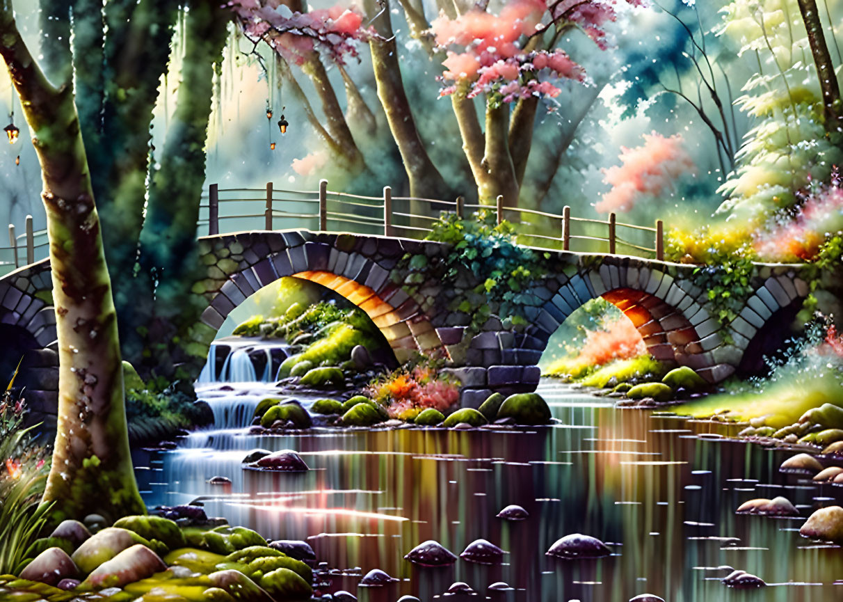 Enchanting forest scene with stone bridge, waterfall, colorful trees, lanterns, and serene water