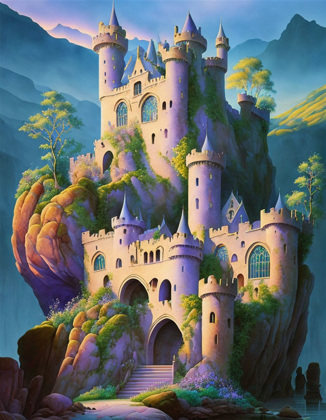 Fantastical castle with multiple towers on rocky outcrop at dusk