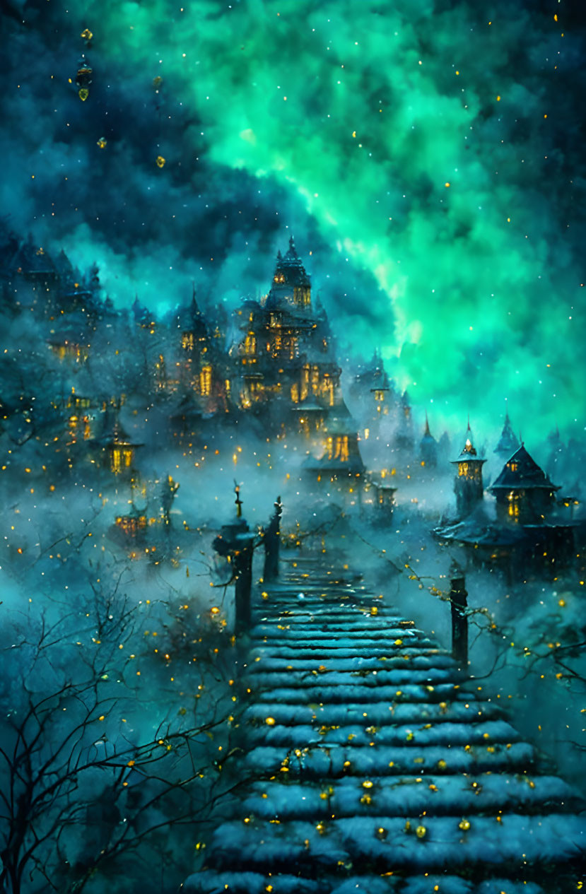 Snowy landscape with mystical castle and green aurora