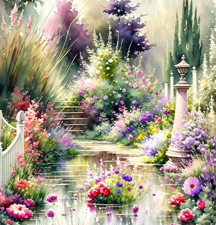 Colorful garden painting with flowers, wooden stairway, white fence, and lamp post in lush setting