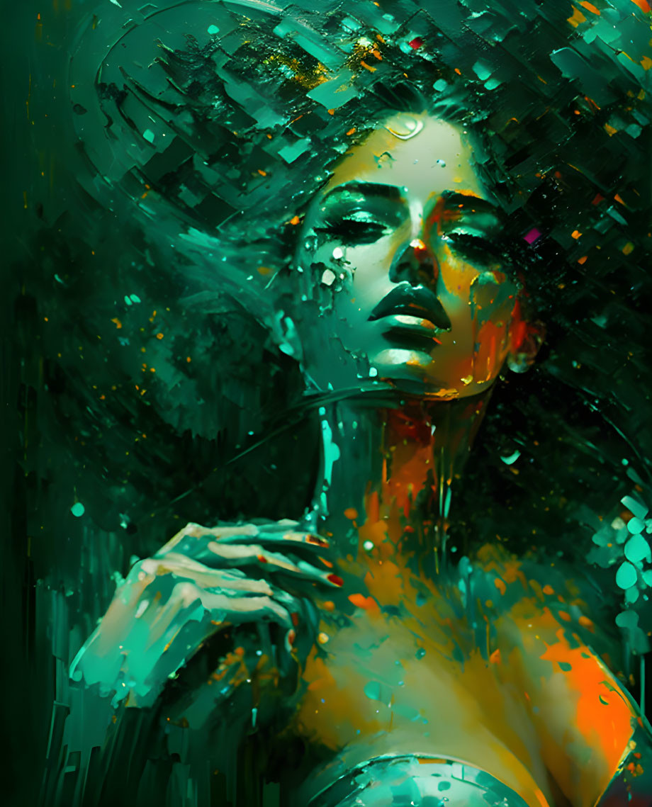 Abstract Woman Portrait with Vibrant Green Tones and Dynamic Brush Strokes