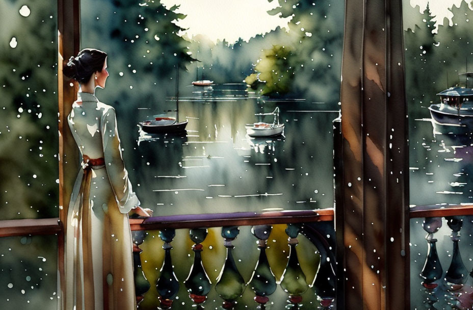 Traditional dress woman overlooks rainy scene with boats from ornate balcony.