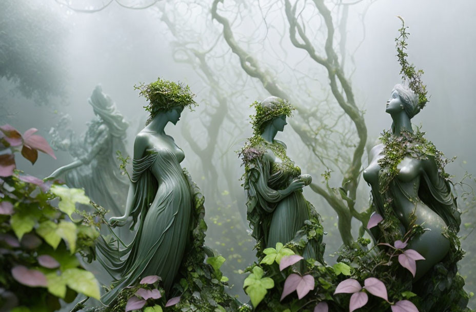 Ethereal women statues in enchanted forest with plant-like features