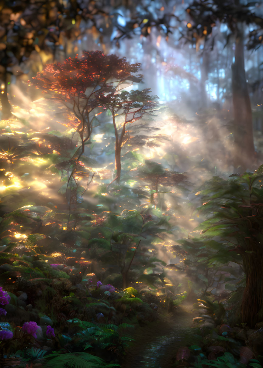 Majestic forest scene with sunlight, mist, vibrant flora, and towering trees