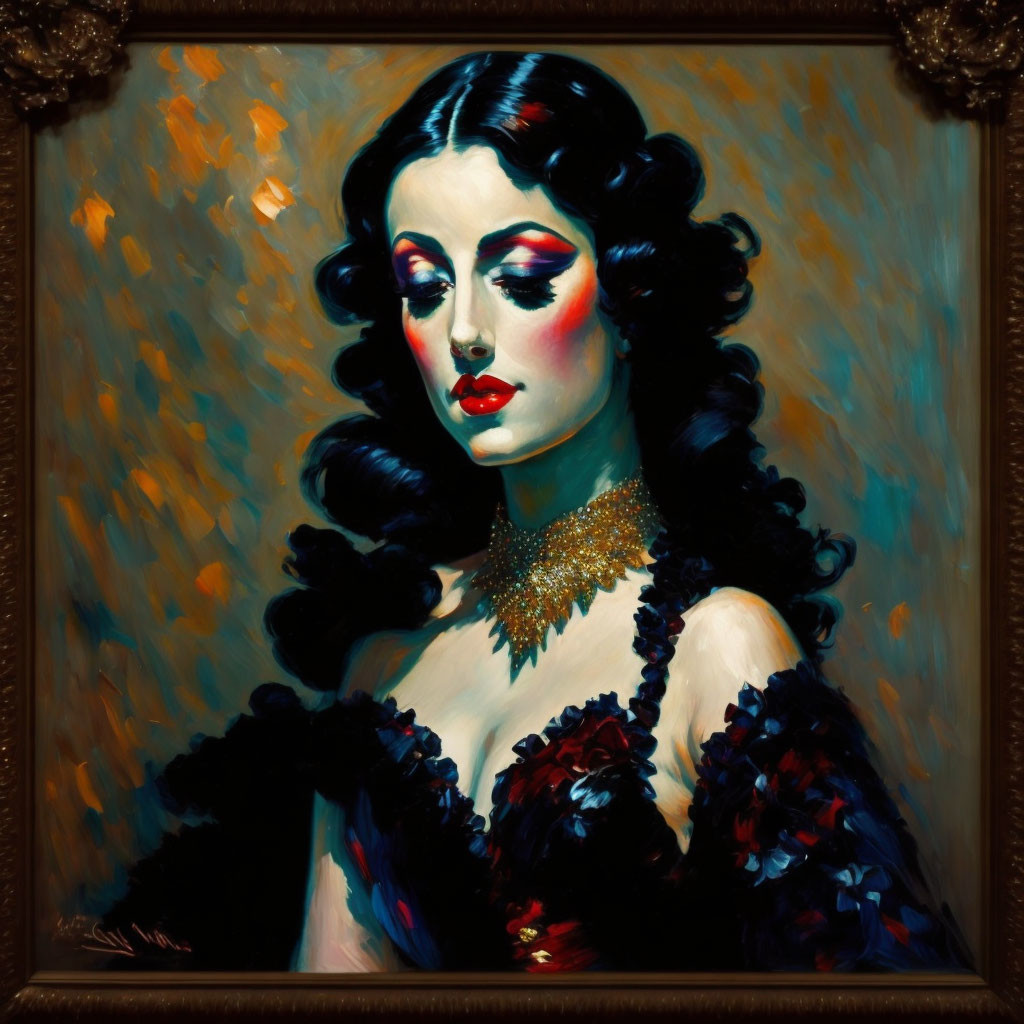 Dark-haired woman in oil painting with red lips and gold necklace, ornate frame