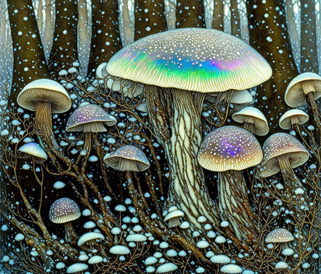 Colorful Bioluminescent Mushroom Scene in Enchanted Forest