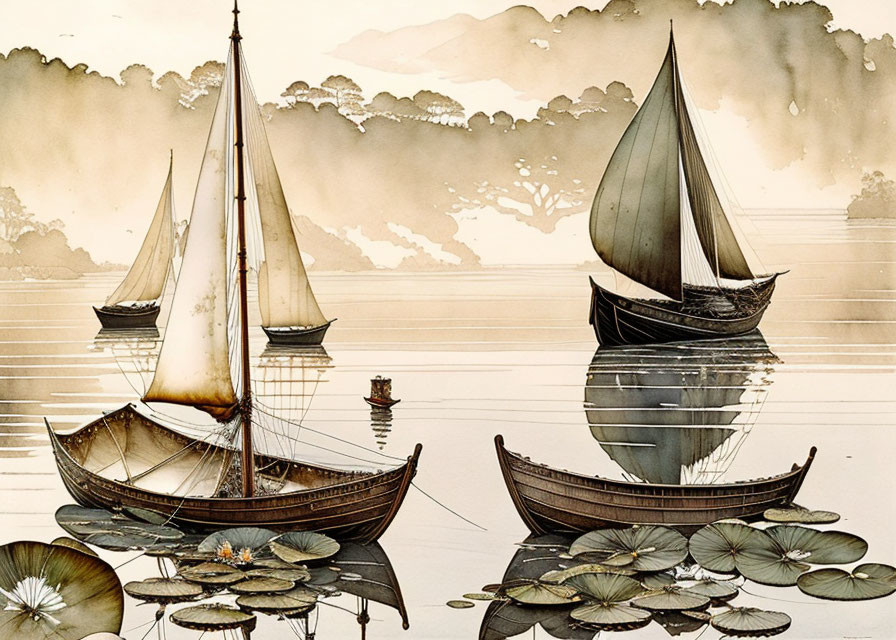 Classic Sailboats Illustration with Lily Pads and Misty Treeline