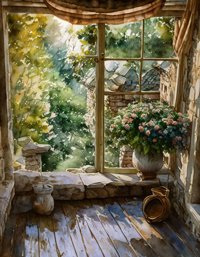 Rustic stone window frame overlooking lush garden with bouquet and sunlight patterns