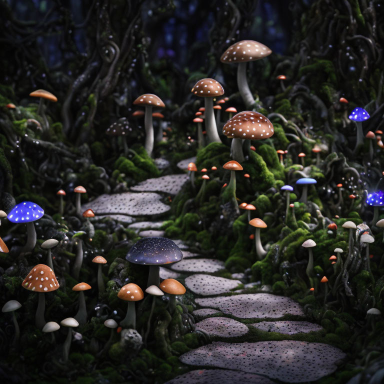 Enchanting forest scene with glowing mushrooms and stone pathway