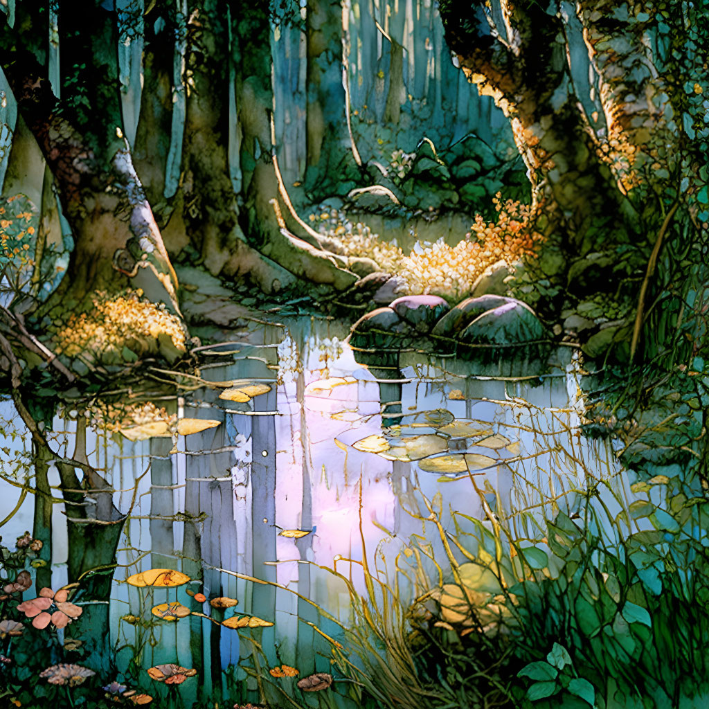 Tranquil forest landscape with sunlight, trees, and serene water reflections