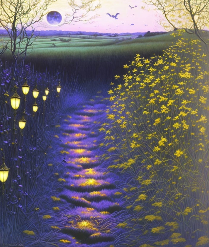 Moonlit Path Painting with Glowing Flowers and Street Lamps