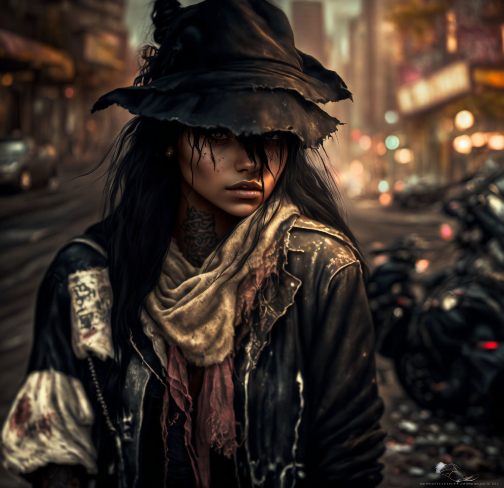 Gothic figure in wide-brimmed hat and leather jacket in urban alley