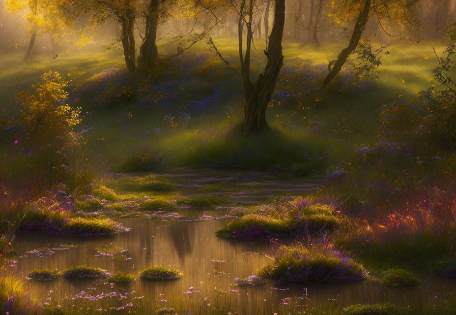 Enchanted Forest Scene with Golden Sunlight and Purple Flowers