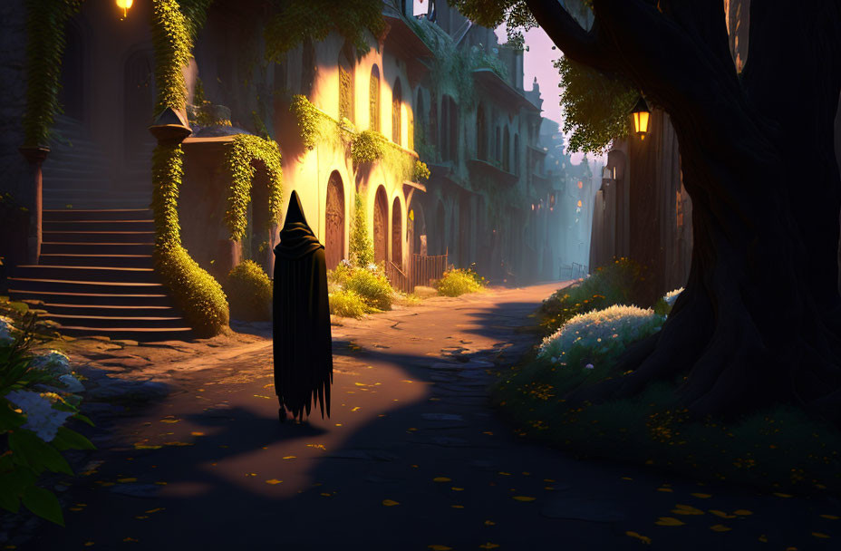 Cloaked figure walking in serene alley at dusk