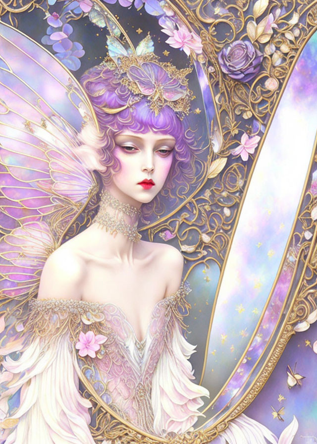 Ethereal figure with violet hair in gold and white dress next to ornate golden mirror.