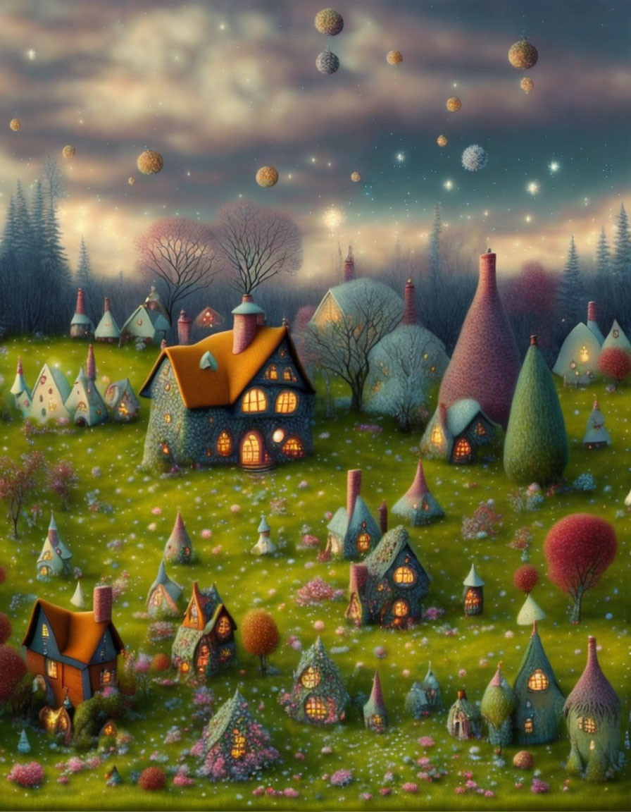 Colorful Whimsical Village with Oddly-Shaped Houses and Glowing Flowers