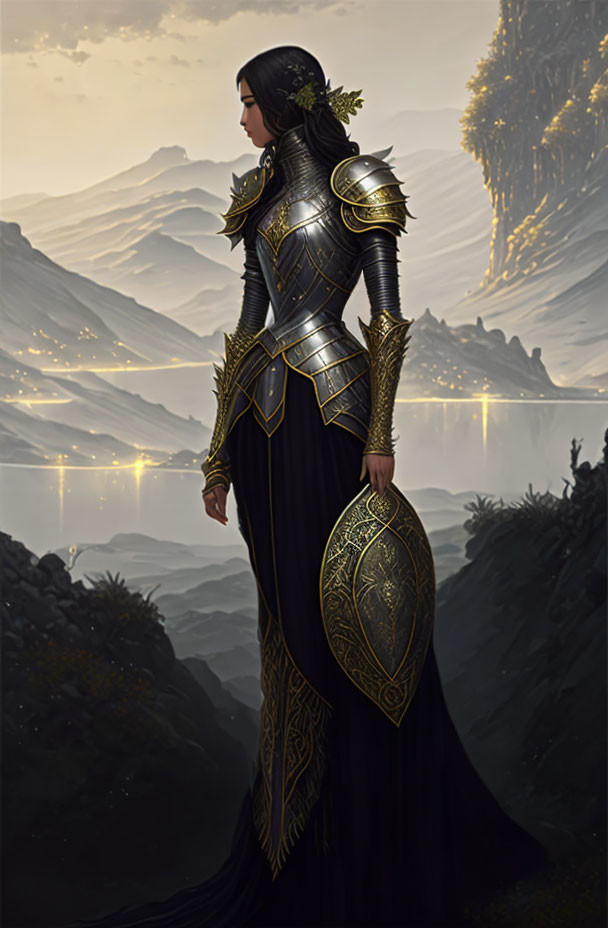 Detailed Black and Gold Armor on Majestic Warrior Woman