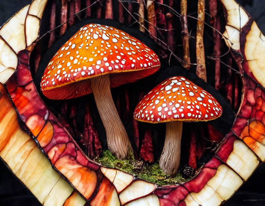 Vibrant red and white spotted mushrooms with brown twigs and moss, framed by sliced beetroot