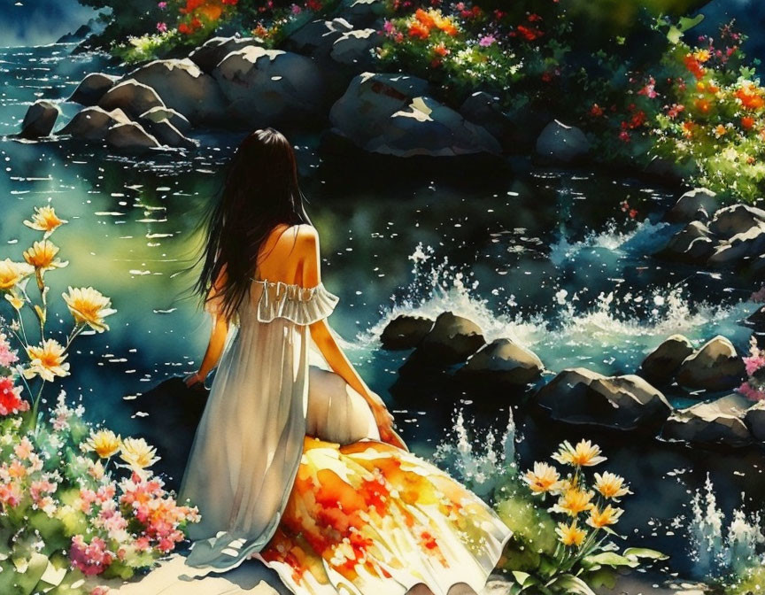 Woman in flowing dress by serene stream with colorful flowers and rocks.