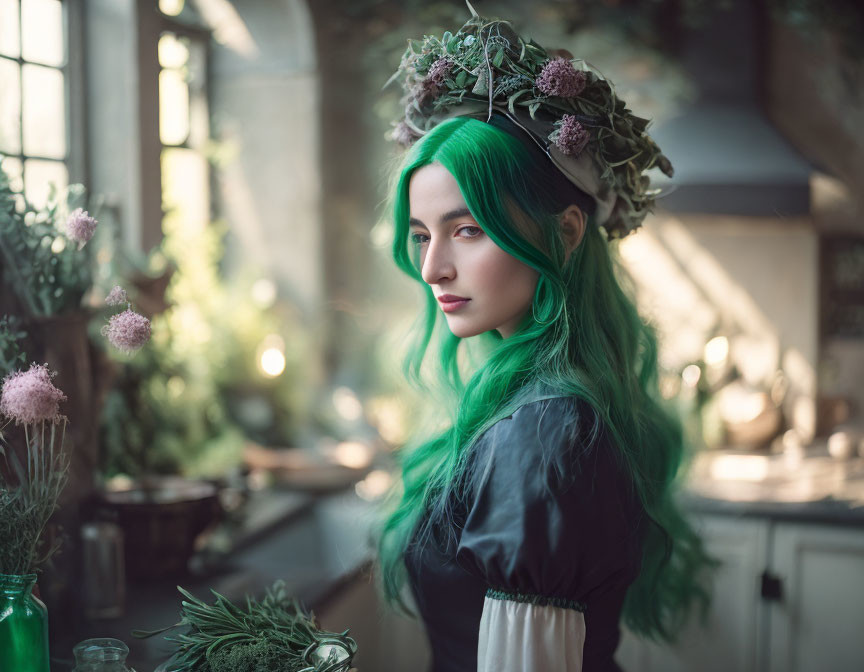 Woman with Green Hair and Flower Crown in Sunlit Plant-Filled Room