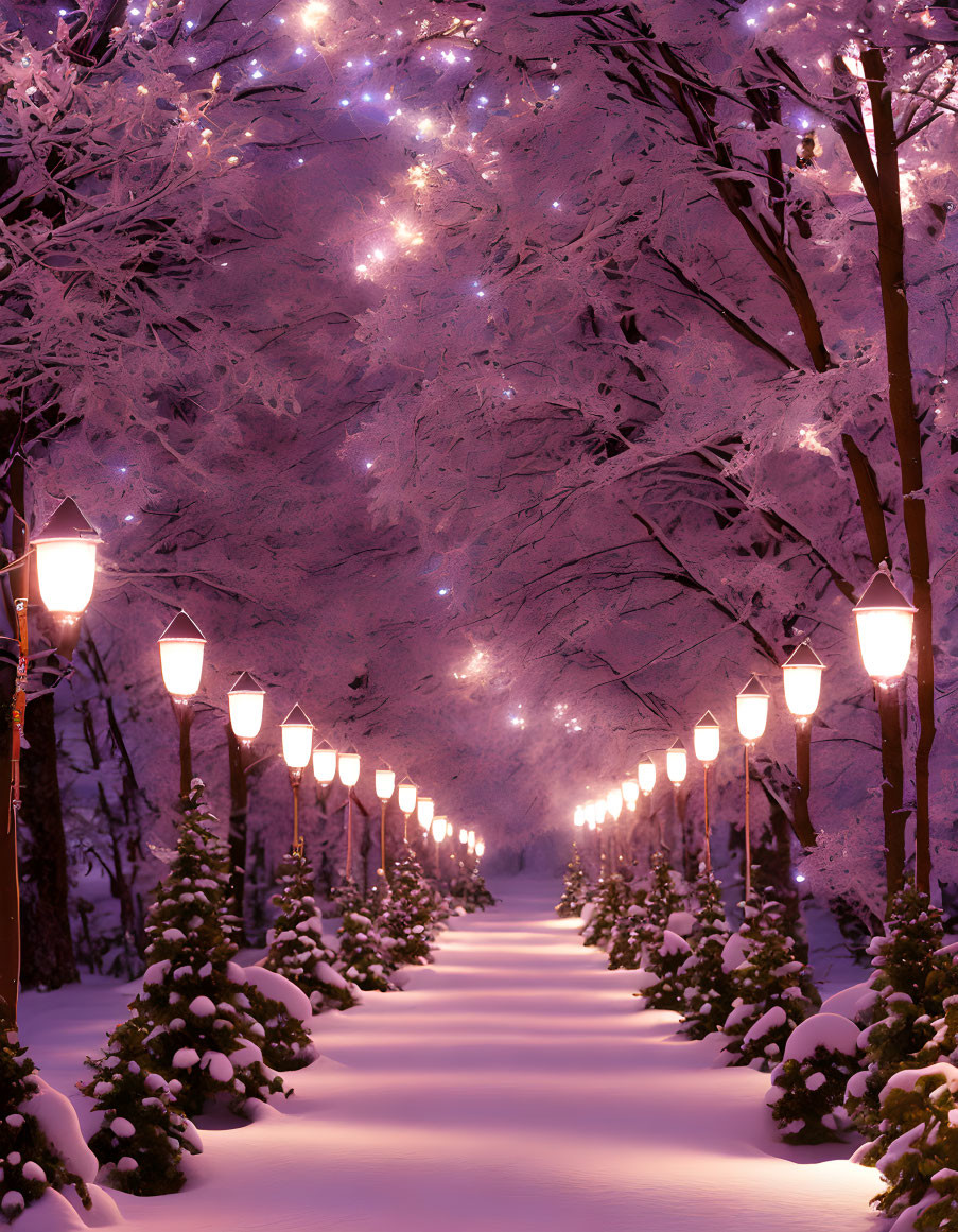 Snowy Path with Glowing Street Lamps and Snow-Covered Trees at Twilight