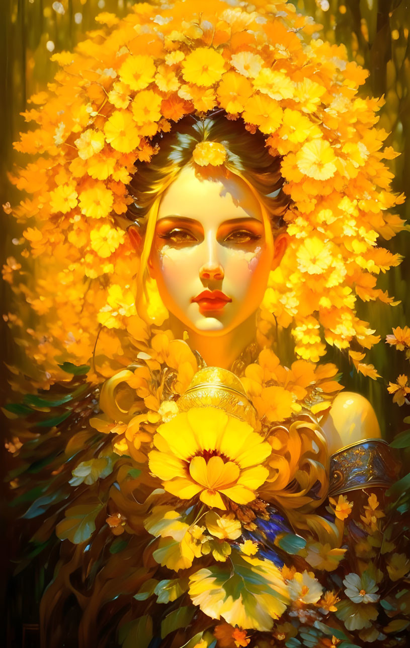 Woman with Floral Headdress and Feathered Garment in Golden Light