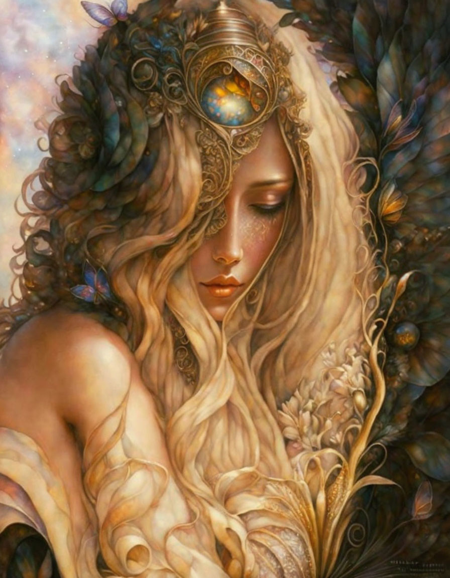 Ethereal woman with golden hair and bronze headpiece in bubble-filled scene