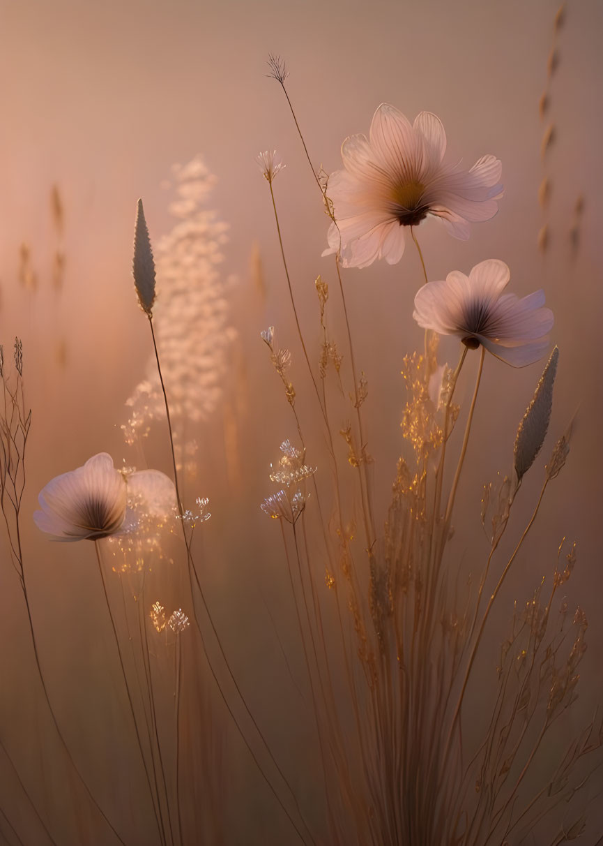 Ethereal wildflowers and grasses in warm, hazy sunlight