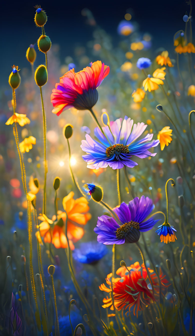 Colorful Wildflowers Blooming in Meadow Light