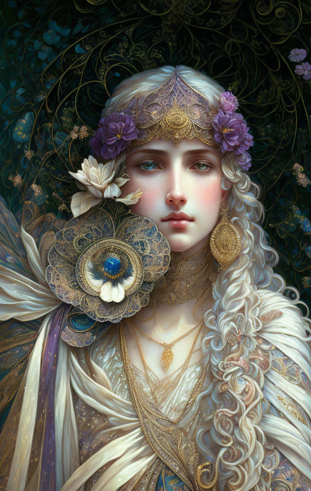 Detailed artwork: Woman with long wavy hair, ornate jewelry, and flower – ethereal and