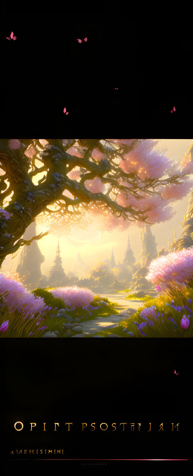 Ethereal forest scene with blossoming trees, butterflies, and towers in the background