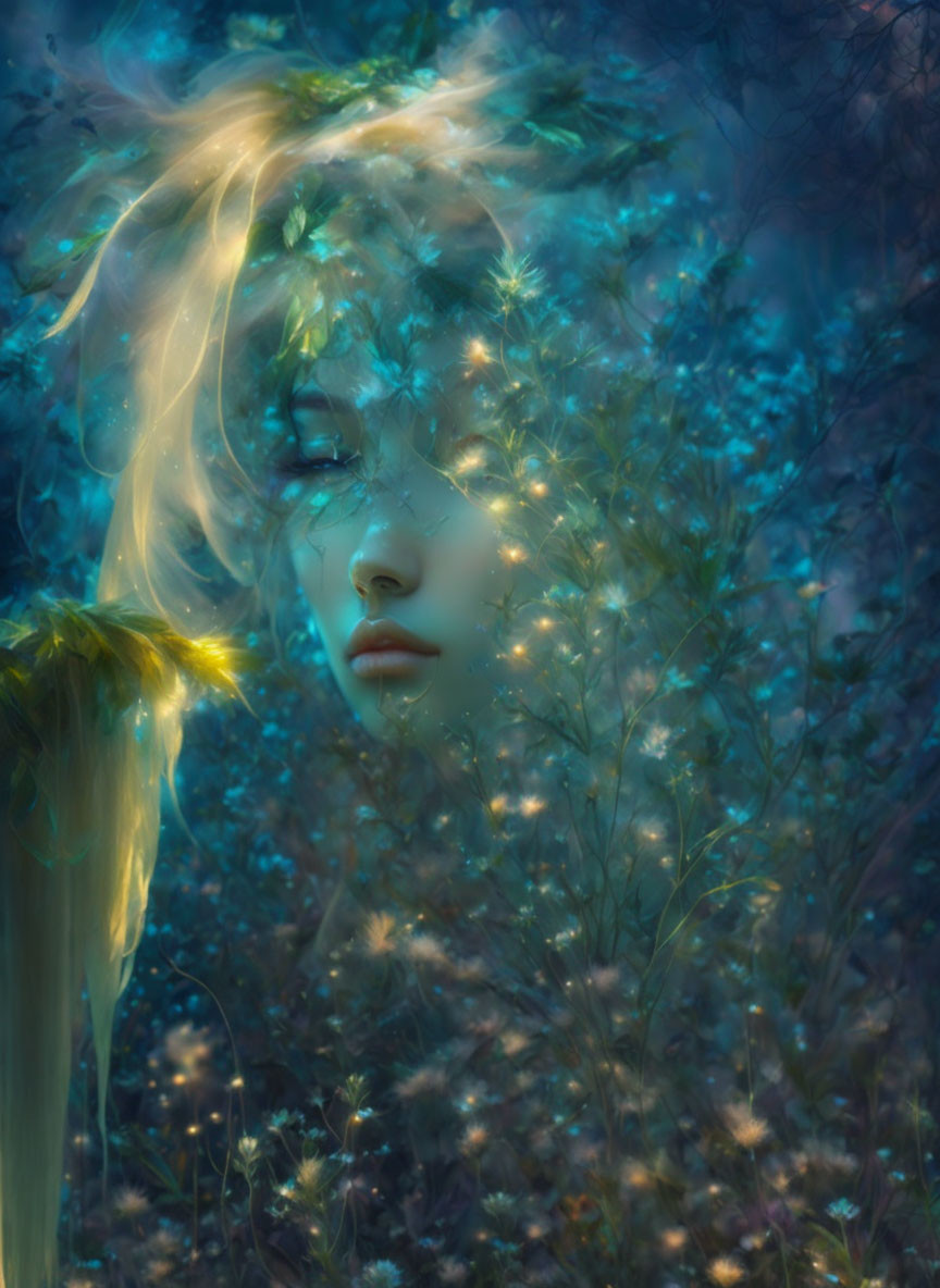 Surreal portrait of woman with luminous hair in blue forest