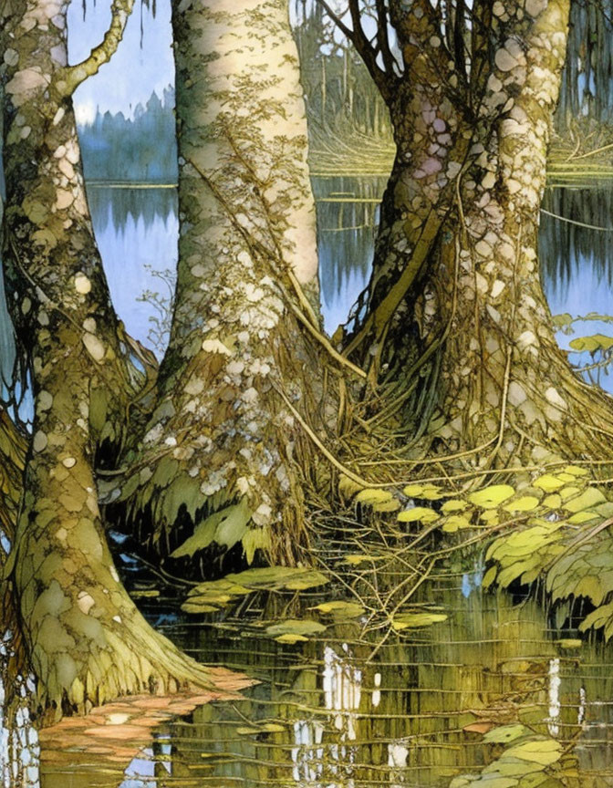 Detailed Illustration of Tree Trunks with Intricate Bark Textures by Calm Water Body