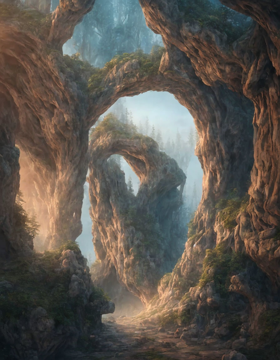 Enigmatic forested landscape with towering rock formations in misty light