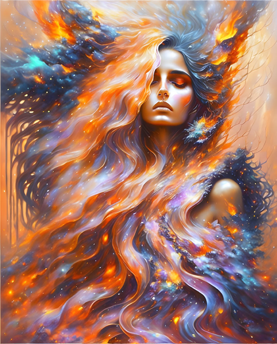 Vibrant galaxy-inspired woman with flowing hair in cosmic colors