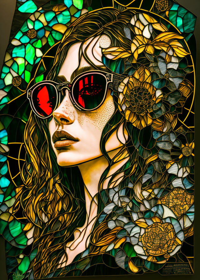 Colorful mosaic background with floral patterns behind a woman with wavy hair and sunglasses