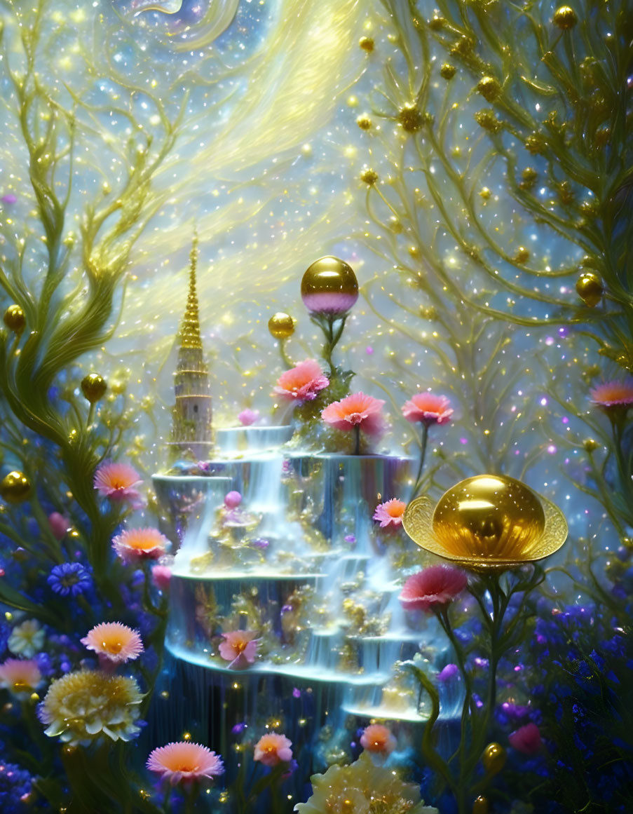 Fantastical scene: Glowing waterfall, tower, vibrant flowers, orbs in mystical forest