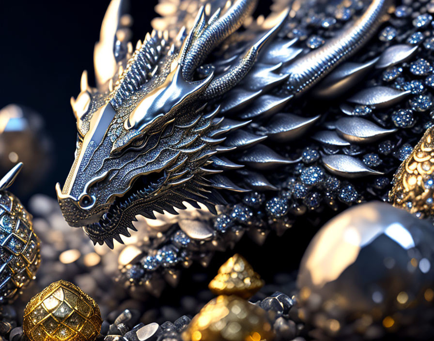 Detailed Metallic Dragon Surrounded by Treasure