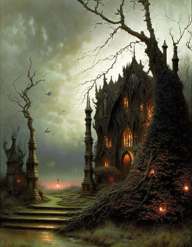 Gothic-style illustration of eerie mansion in dark setting