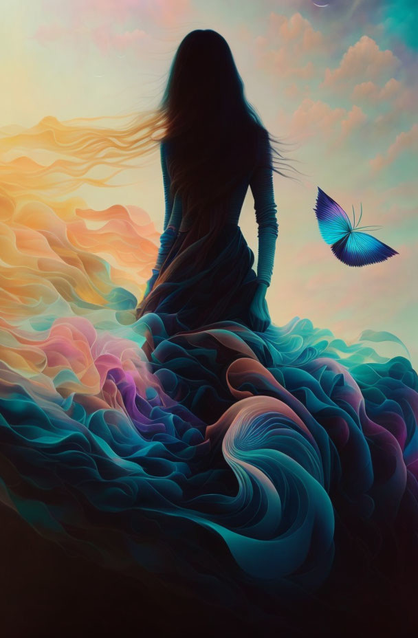 Woman in flowing dress against surreal background with swirling clouds and butterfly.