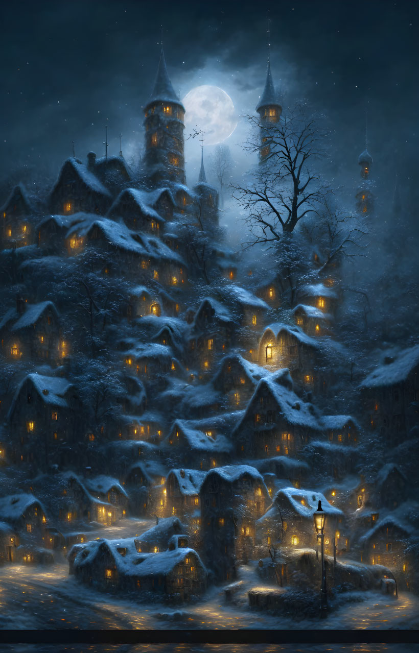 Snow-covered village with castle on hill under starry sky