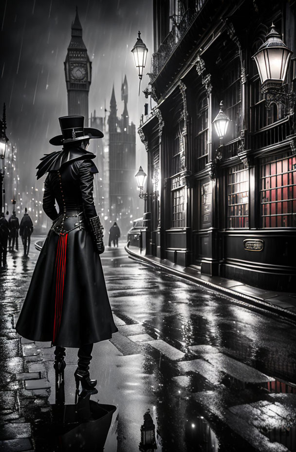 Person in trench coat and top hat on wet street at night with Big Ben, glowing street lamps,