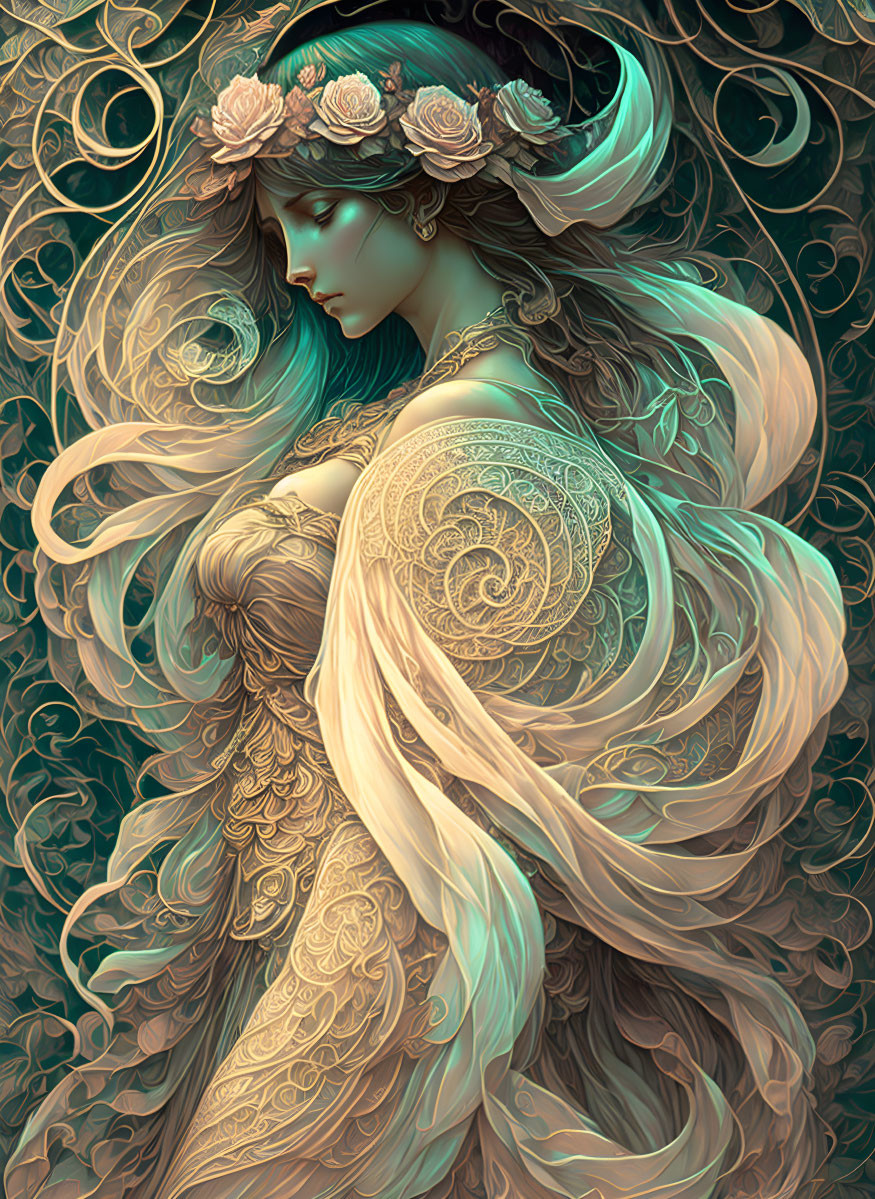 Detailed illustration of woman with flowing hair and ornate dress against swirling background