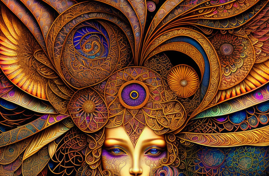 Vibrant, intricate artwork of a stylized woman's face with peacock feather motifs