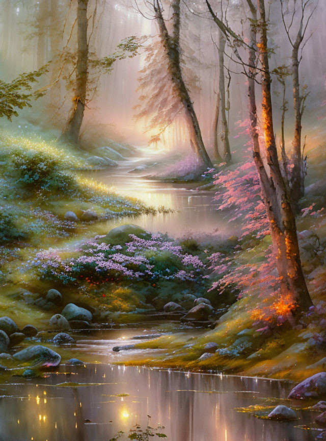 Enchanted forest scene with serene stream and vibrant flora